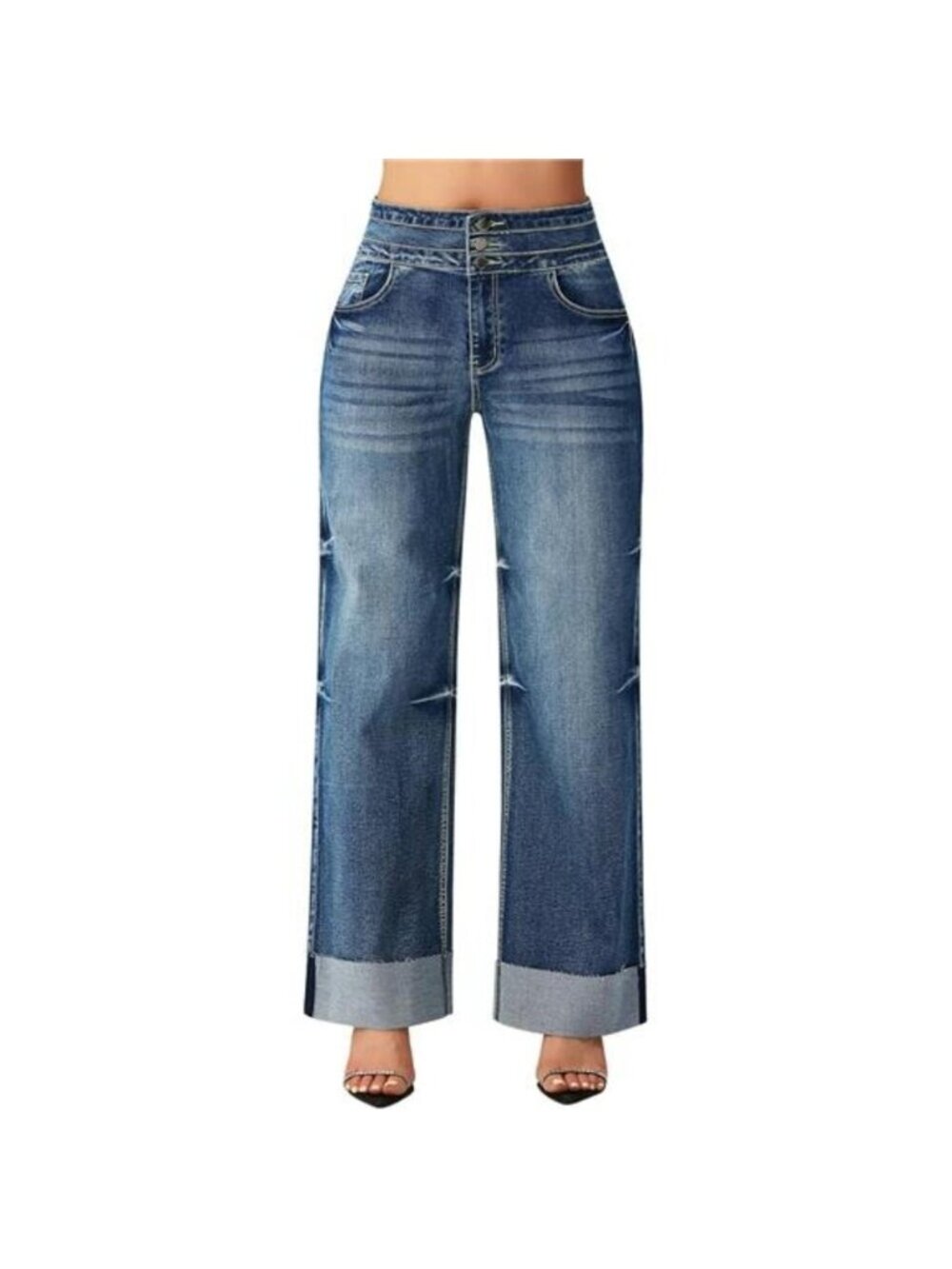 Women's High Waisted Stretchy Wide Leg Jeans Cuffed Baggy Jeans